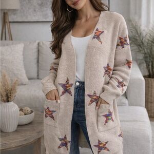Private Label Beige Star-Print Open Front Cardigan